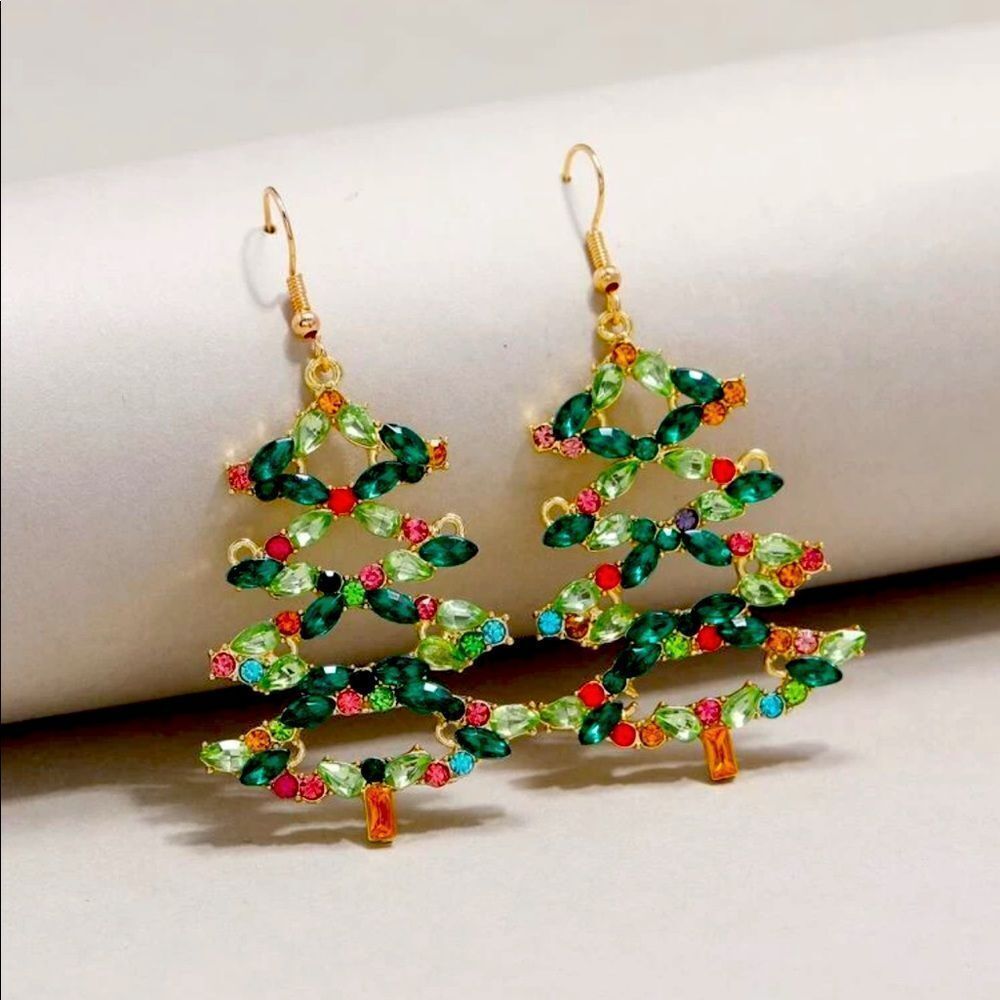 Holiday Crystal Rhinestone Christmas Tree Chandelier Drop Earrings